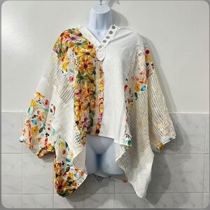 POL Crochet Floral Patchwork Hooded Poncho Top